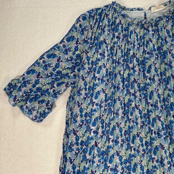 Melloday Mini Shift Dress 3/4 Sleeve Size Large Blue Floral Pleated Ruffle Neck - Picture 9 of 10